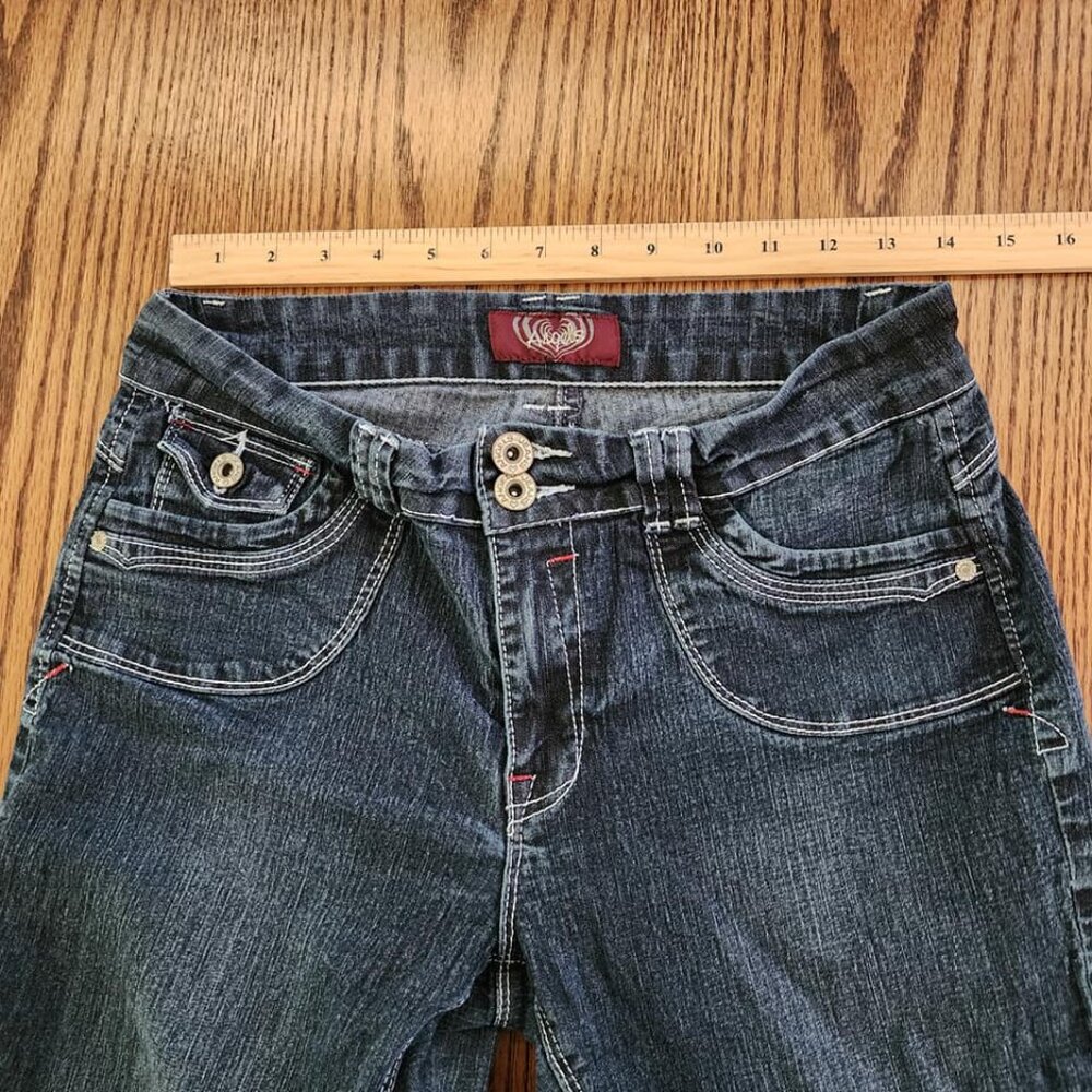 Angels y2k Crop Jean Capris Cuffed Size 10 Low Mid Rise Dark Wash Stretchy - Picture 6 of 8